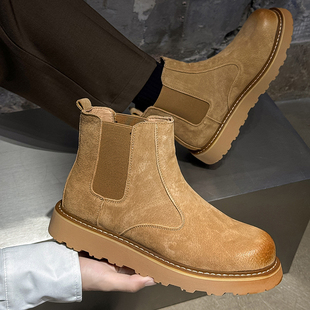 切尔西靴男真皮英伦风一脚蹬高帮皮鞋反绒皮休闲短靴中帮马丁靴