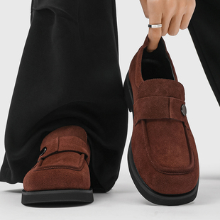 方头乐福鞋男真皮复古棕色老钱风德比鞋一脚蹬豆豆鞋通勤休闲皮鞋