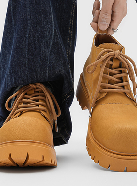 低帮大黄靴男款真皮英伦风工装靴厚底增高大头鞋中帮德比马丁靴