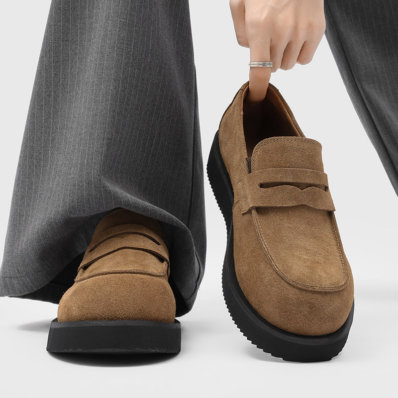 老钱风乐福鞋男真皮复古高级感一脚蹬豆豆鞋圆头增高通勤德比鞋,流行男鞋,乐福鞋（豆豆鞋）,淘宝优惠券,粉丝福利购,淘宝优惠卷