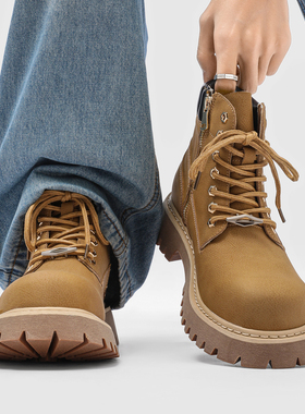 大黄靴男女冬季加绒真皮大头机车工装靴厚底增高德比靴户外登山靴