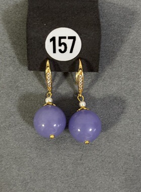 高端天然翡翠耳环18K金玉紫罗兰珠子紫色圆珠耳钩玉石耳坠女耳饰