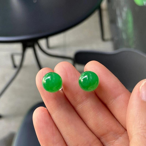 天然正阳绿缅甸翡翠高冰耳钉冰糯种辣绿圆珠10mm中式显白纯银女款
