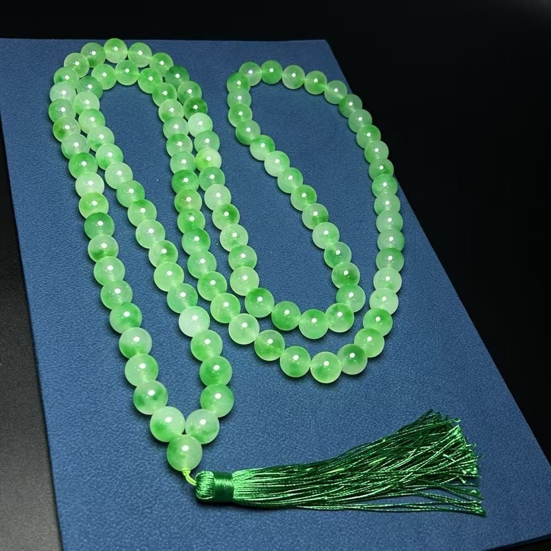 正品天然翡翠色冰种飘绿花108颗圆珠珠链毛衣链项链高级女款玉石