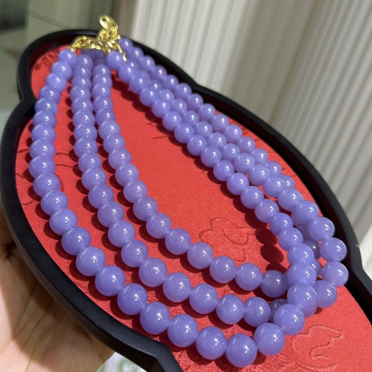天然缅甸老坑天然糯种冰种紫罗兰翡翠玉石项链圆珠紫色珠链毛衣链