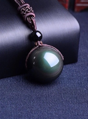 天然黑曜石转运珠项链男女情侣链双彩眼水晶吊坠生日礼物护身符