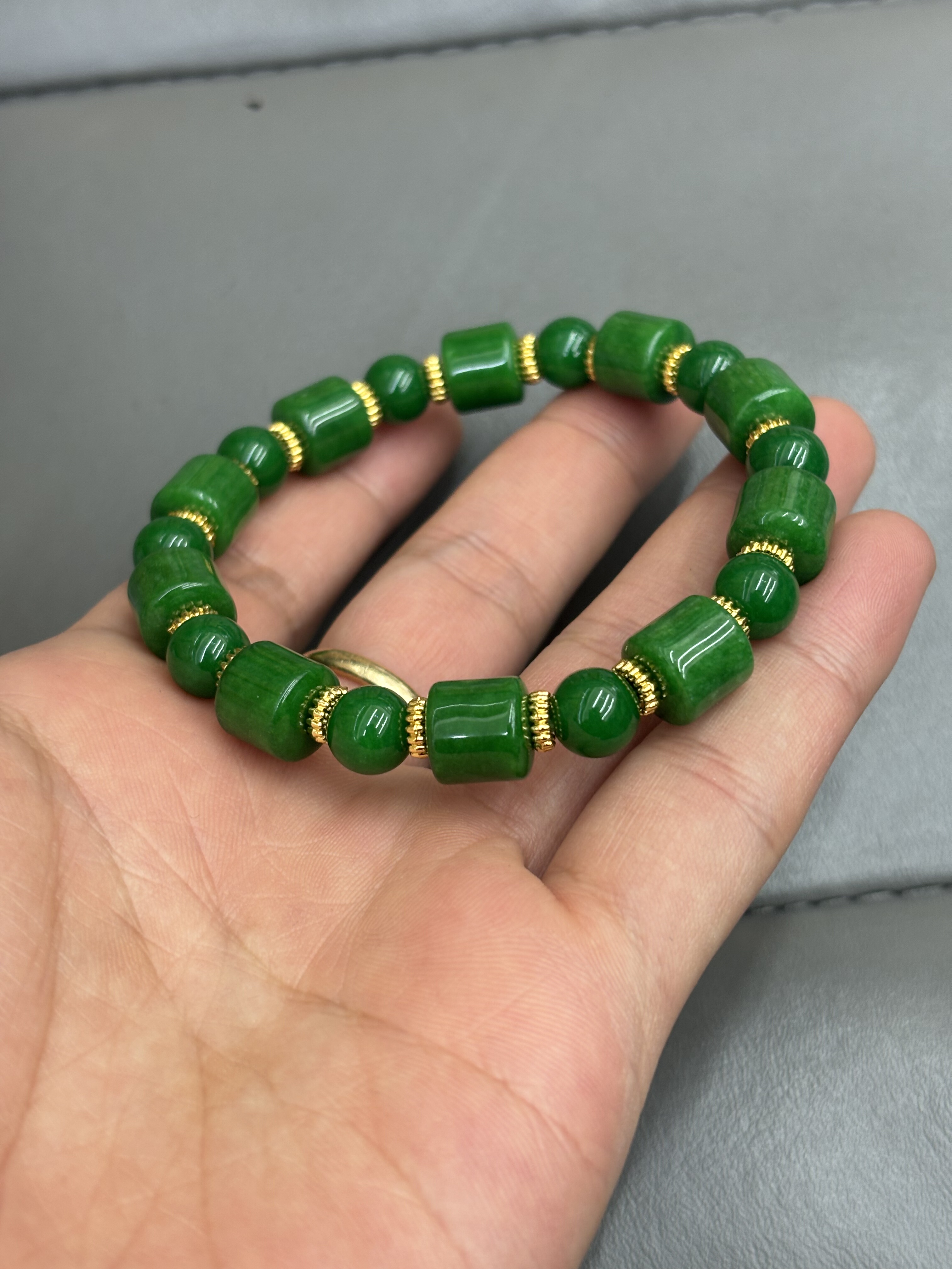 天然缅甸A货翡翠冰糯种满绿桶珠手串银镶嵌玉石手链礼物正品珠宝