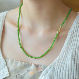 天然正品缅甸满绿翡翠玉项链冰糯种阳绿翡翠6圆珠女款项珠链14k金