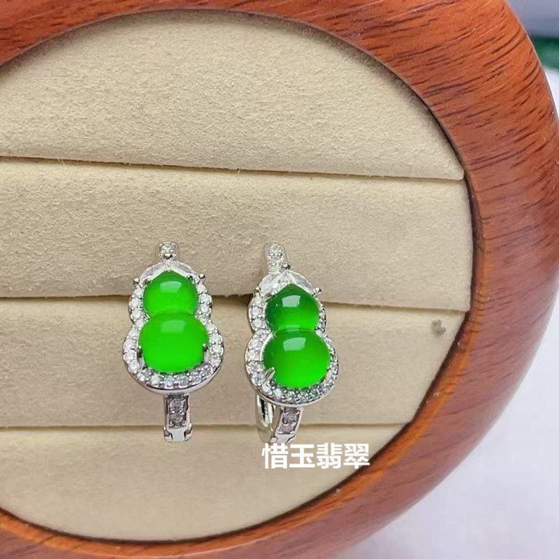 天然缅甸翡翠a货高冰帝王绿925银镶嵌葫芦耳环玉石真品正品耳钉女