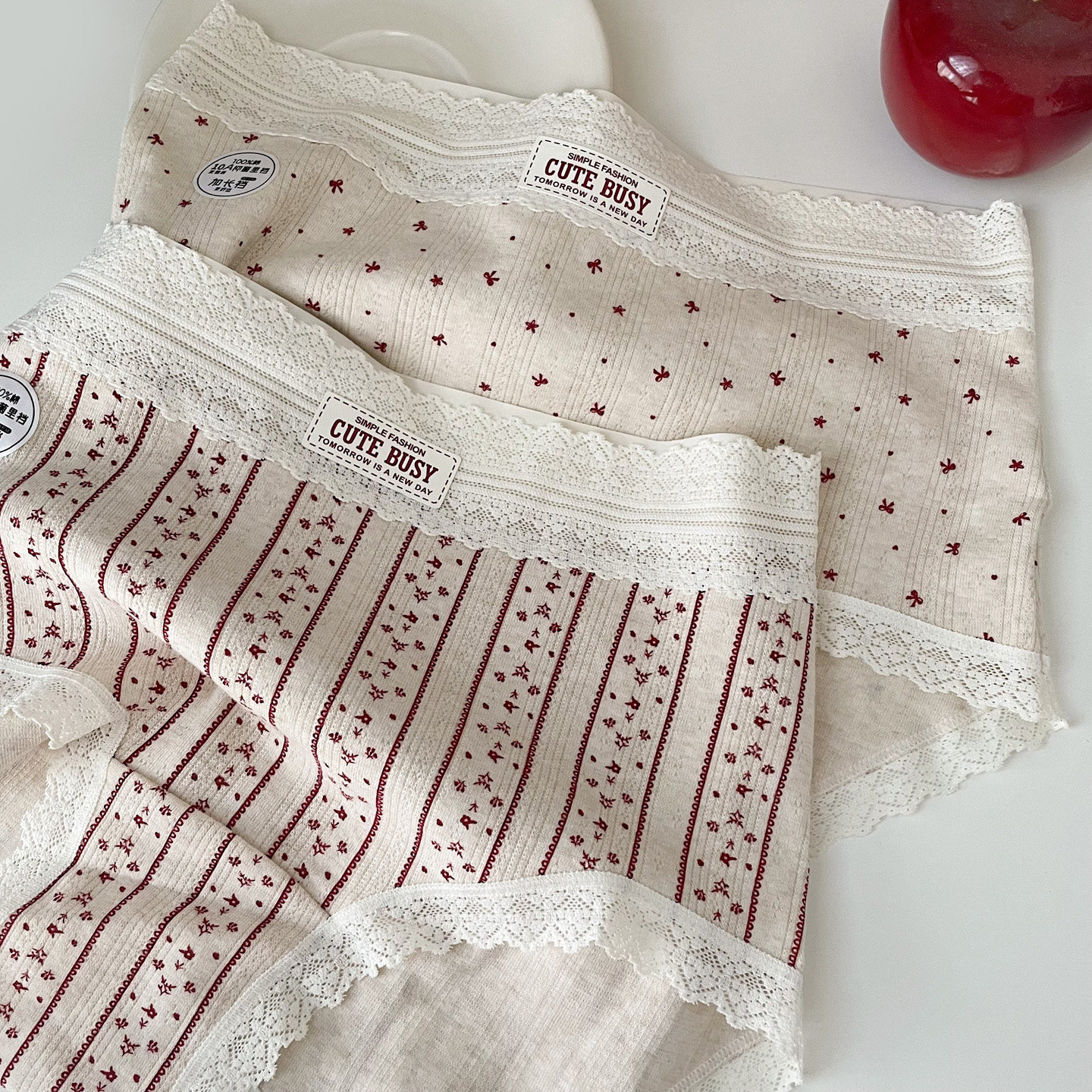 10A抑菌加长裆设计 法式浪漫复古甜美碎花千鸟格中高腰包臀内裤女