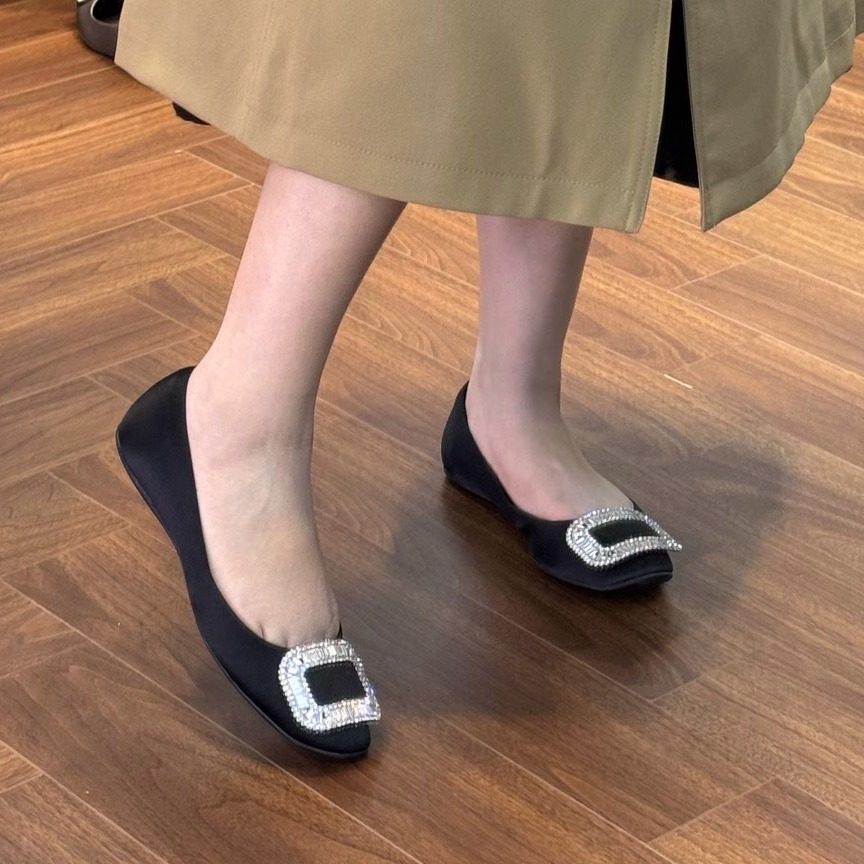 RV水钻平底鞋单鞋女鞋圆头浅口舒适绸缎婚鞋女软底芭蕾舞鞋一脚蹬