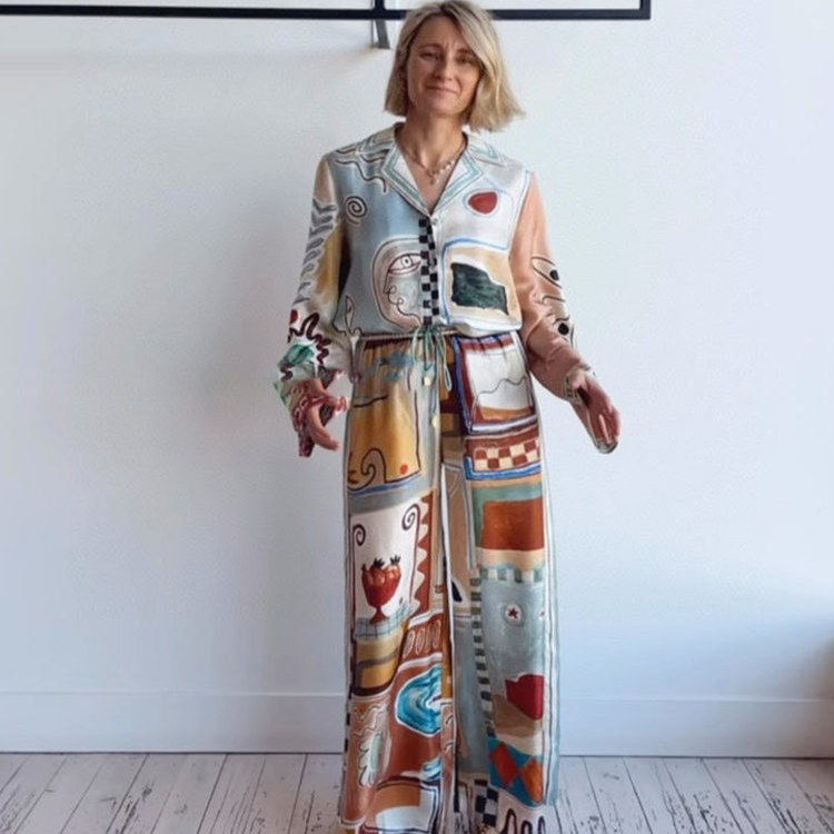 澳洲小众早春新款涂鸦印花真丝宽松休闲长袖衬衫+高腰阔腿裤套装