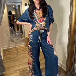 澳洲小众25夏季新款深蓝印花休闲男友风真丝衬衫+高腰阔腿裤长裤