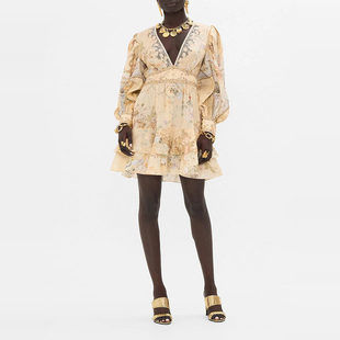 澳洲Cam 气质宫廷风蕾丝花卉印花V领真丝麻连衣裙 lla2025春夏新款