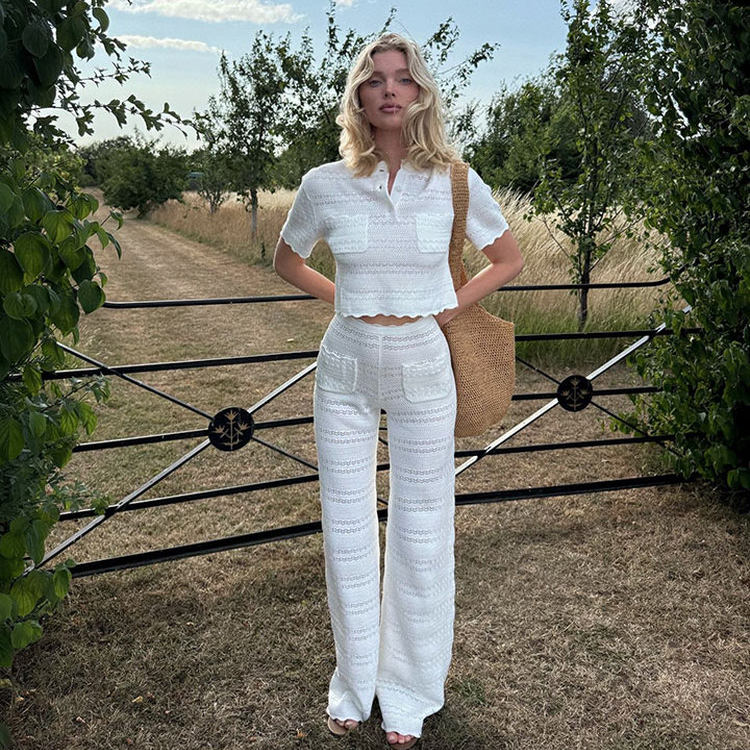 Helsa博主同款2026新款白色钩花宽松短袖针织上衣+高腰阔腿裤套装