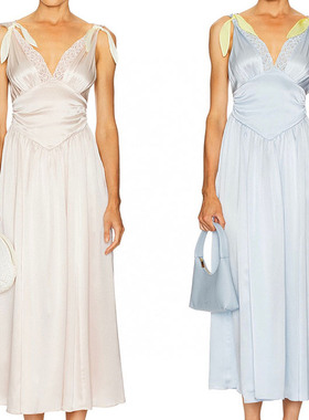 Helsa博主同款法式真丝缎面蕾丝拼接深V气质性感无袖吊带连衣裙女