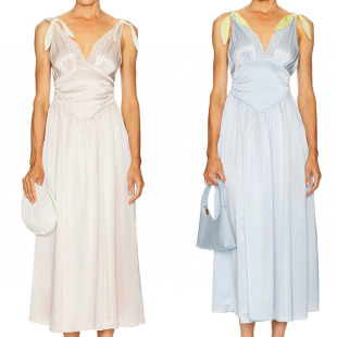 吊带连衣裙女 真丝缎面蕾丝拼接深V气质性感无袖 Helsa博主同款 法式