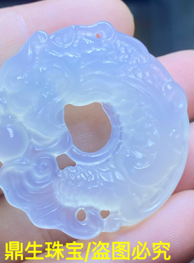 天然高冰小龙扣吊坠项链龙鱼扣玉石双面雕刻国风转运纳福