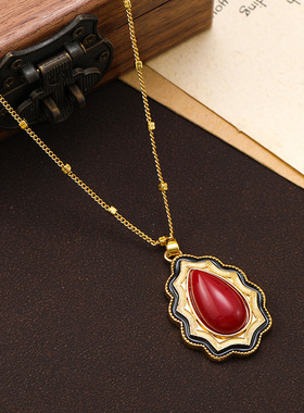 优雅复古宫廷风大气高雅设计天然石花型吊坠项链高级感长款颈链