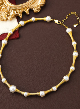 原创复古小蛮腰竹节珍珠项链女秋冬高级感choker项链小众轻