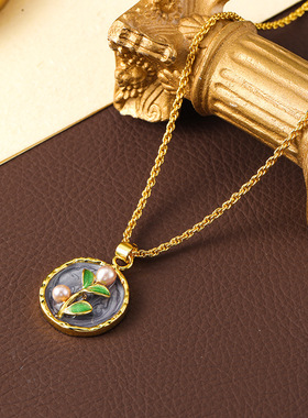 原创复古轻奢珐琅油画天然珍珠女士项链吊坠小众设计高级感锁骨