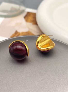 925银针简约时尚琉璃红豆红色耳环新年耳钉高级感小众个性耳饰女