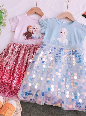 Kids Frozen Princess Elsa Party blingbling Dress Summer Girl