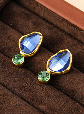 原创欧美时尚复古不规则蓝色水晶玻璃小众个性高级感耳环耳饰品