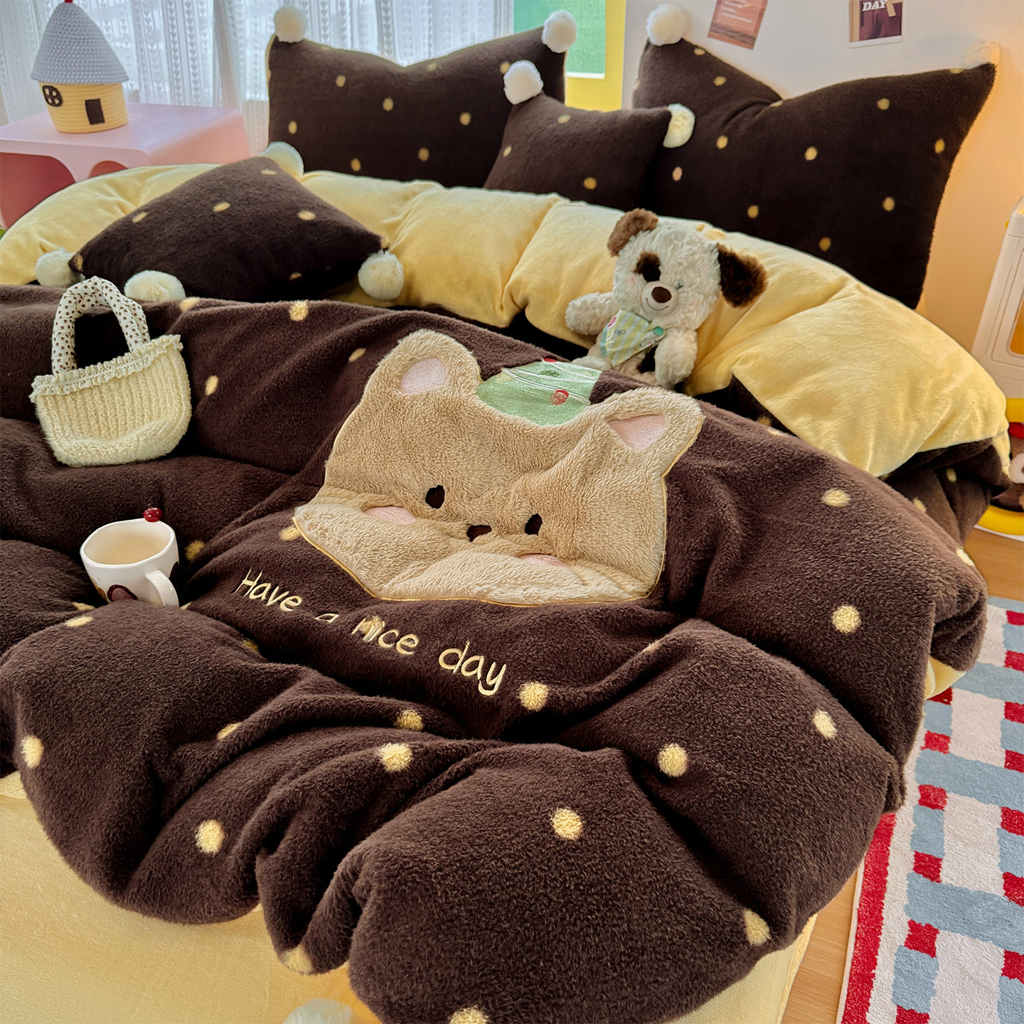 冬季保暖加厚高克重牛奶绒四件套卡通贴布绣被套床单床笠款三件套,床上用品,床品套件/四件套/多件套,淘宝优惠券,粉丝福利购,淘宝优惠卷