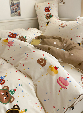 ins100全棉可爱卡通床上四件套纯棉被套床单床笠款学生宿舍三件套