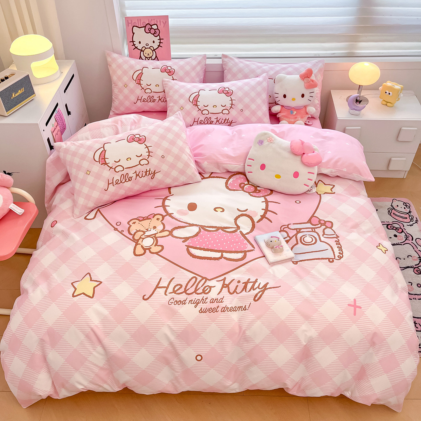 HelloKitty纯棉床上四件套卡通女孩凯蒂kt猫全棉被套床单人三件套