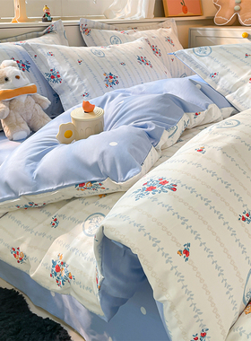 ins100全棉床上四件套田园小清新床品纯棉被套床笠款床单人三件套
