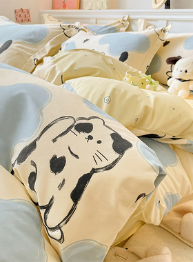ins100全棉可爱卡通床上四件套纯棉被套床笠床单人学生宿舍三件套