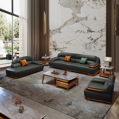 2025新款现代新中式乌金木真皮沙发头层牛皮高端别墅客厅贵妃组合