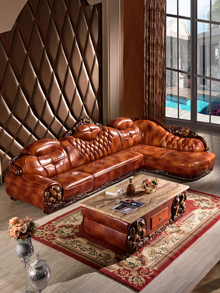 欧式真皮沙发转角贵妃组合家用客厅高档奢华美式橡木皮艺沙发