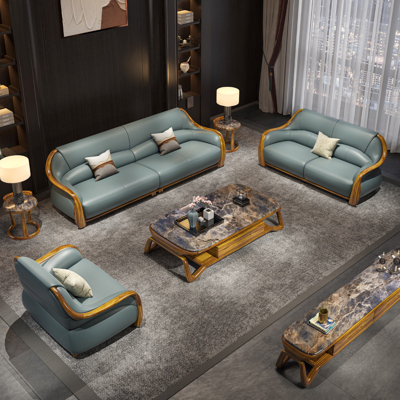 现代新中式乌金木沙发组合别墅奢华客厅实木真皮沙发头层牛皮家具