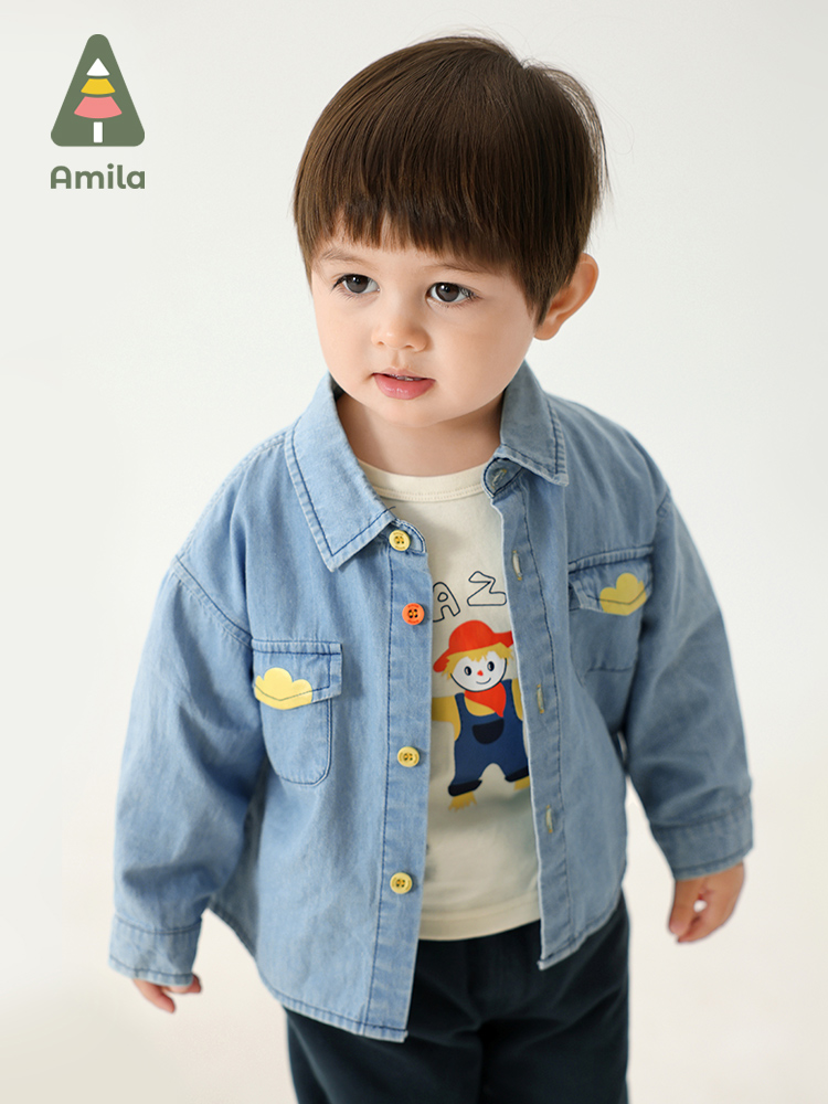 Amila Children's clothing Men's baby shirt Long sleeve spring and autumn children's denim top Children's foreign school boys spring shirt