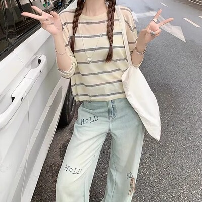 美洋MEIYANG 百叶窗针织衫 条纹诗人！真丝醋酸圆领长袖罩衫