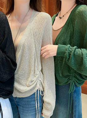 美洋MEIYANG 小燕子三号开衫 高捻麻V领抽绳长袖针织