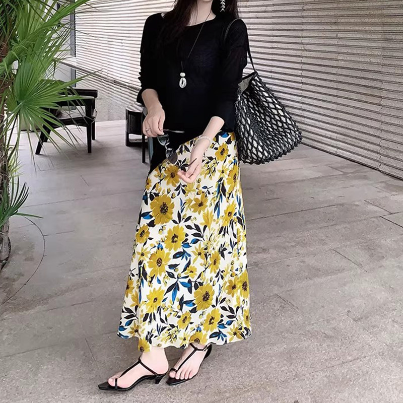 美洋MEIYANG 夏威夷半身裙 油画印花_撞色鱼尾中长裙