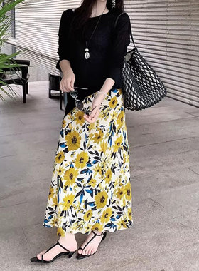美洋MEIYANG 夏威夷半身裙 油画印花_撞色鱼尾中长裙