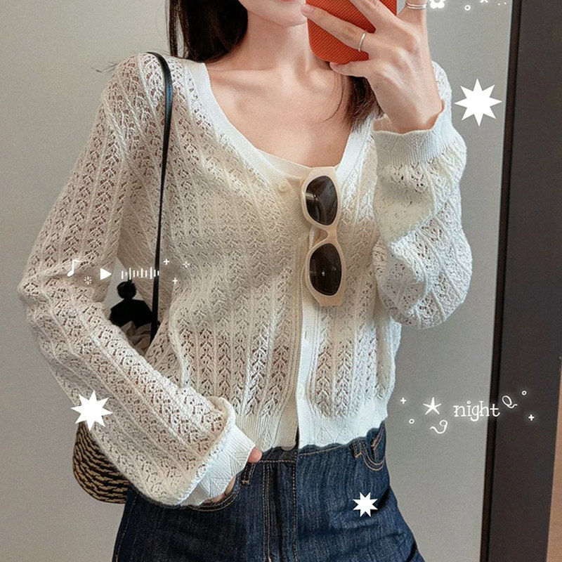 美洋MEIYANG 花窗亚麻针织衫 棉麻镂空V领开衫圆领套头衫
