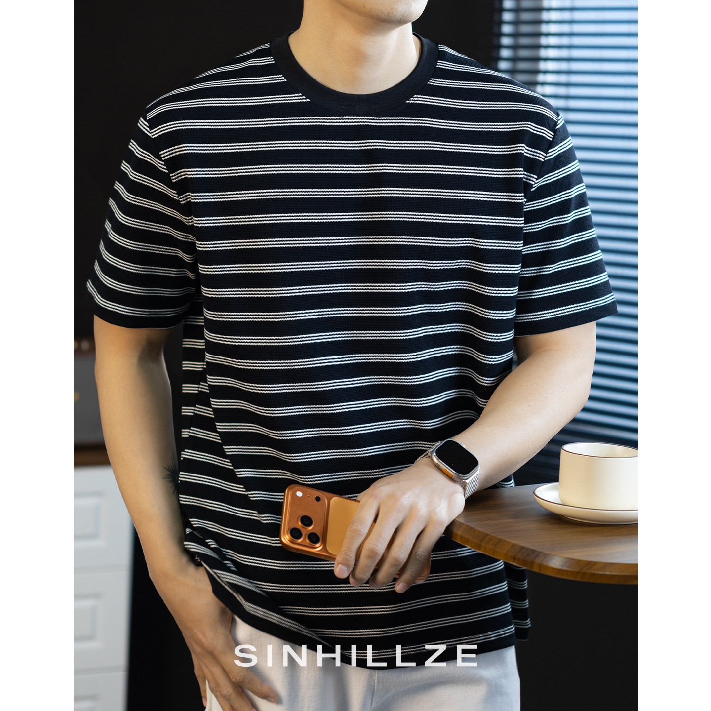 210G重磅丝光棉黑白条纹针织短袖T恤男2026新款高端春夏半袖宽松