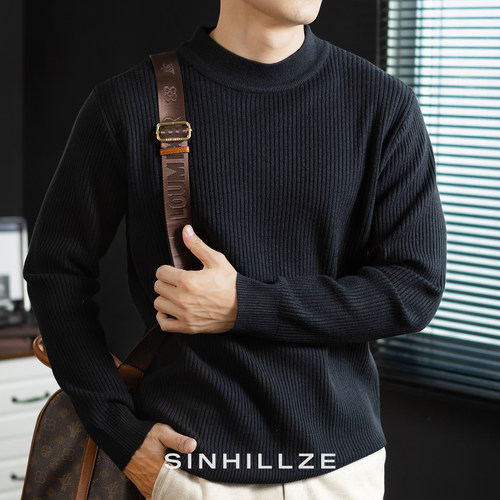 羊毛+莫代尔混纺】半高领毛衣男高端商务秋冬打底保暖针织衫黑色