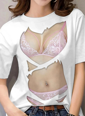 定制3D大胸印花上衣夏季女式T恤性感女性原宿趣味衣服时尚休闲度