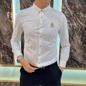 轻奢高端男士金边长袖衬衫高弹丝滑免烫时尚金标免打理修身上衣
