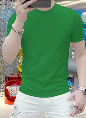 高端丝滑凉感男士夏圆领短袖T恤重磅双丝光棉弹力简约纯色打底衫