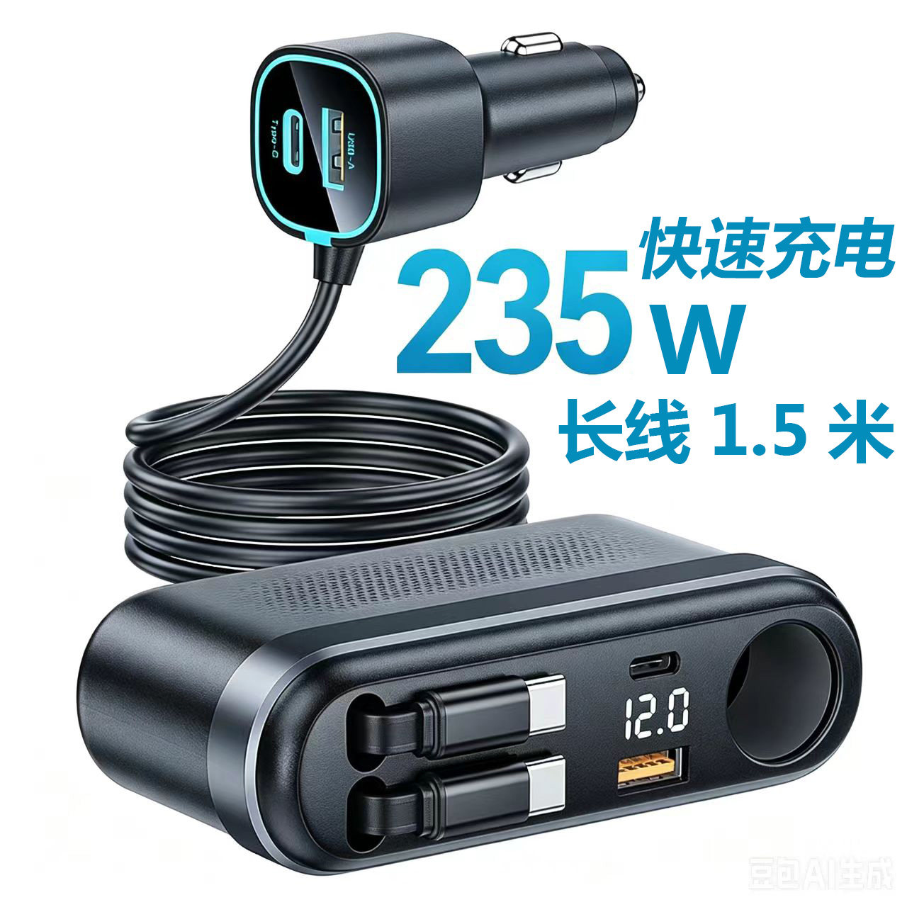 车载充电器一拖二多口汽车点烟器扩展孔转换手机快充typec绅缩线