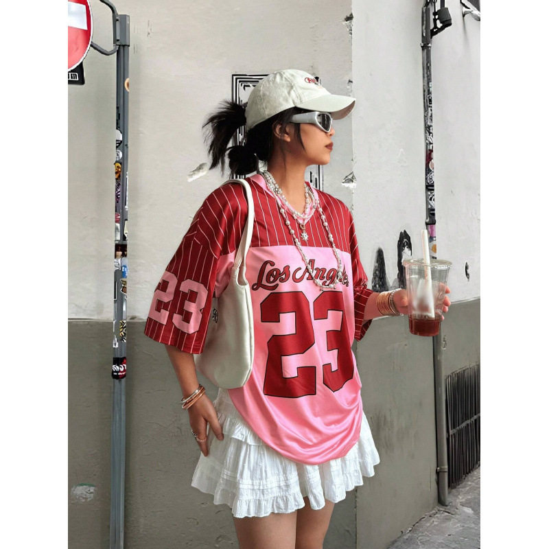 美式高街休闲运动棒球撞色V领短袖数字23女夏季宽松印花休闲上衣
