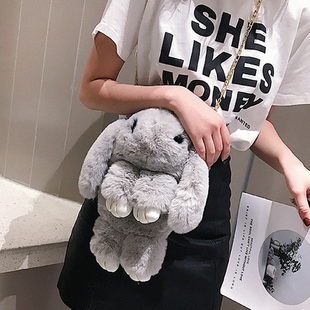 可爱装死小兔子公仔毛毛包包女2020冬季新款毛绒玩偶斜挎包单肩包